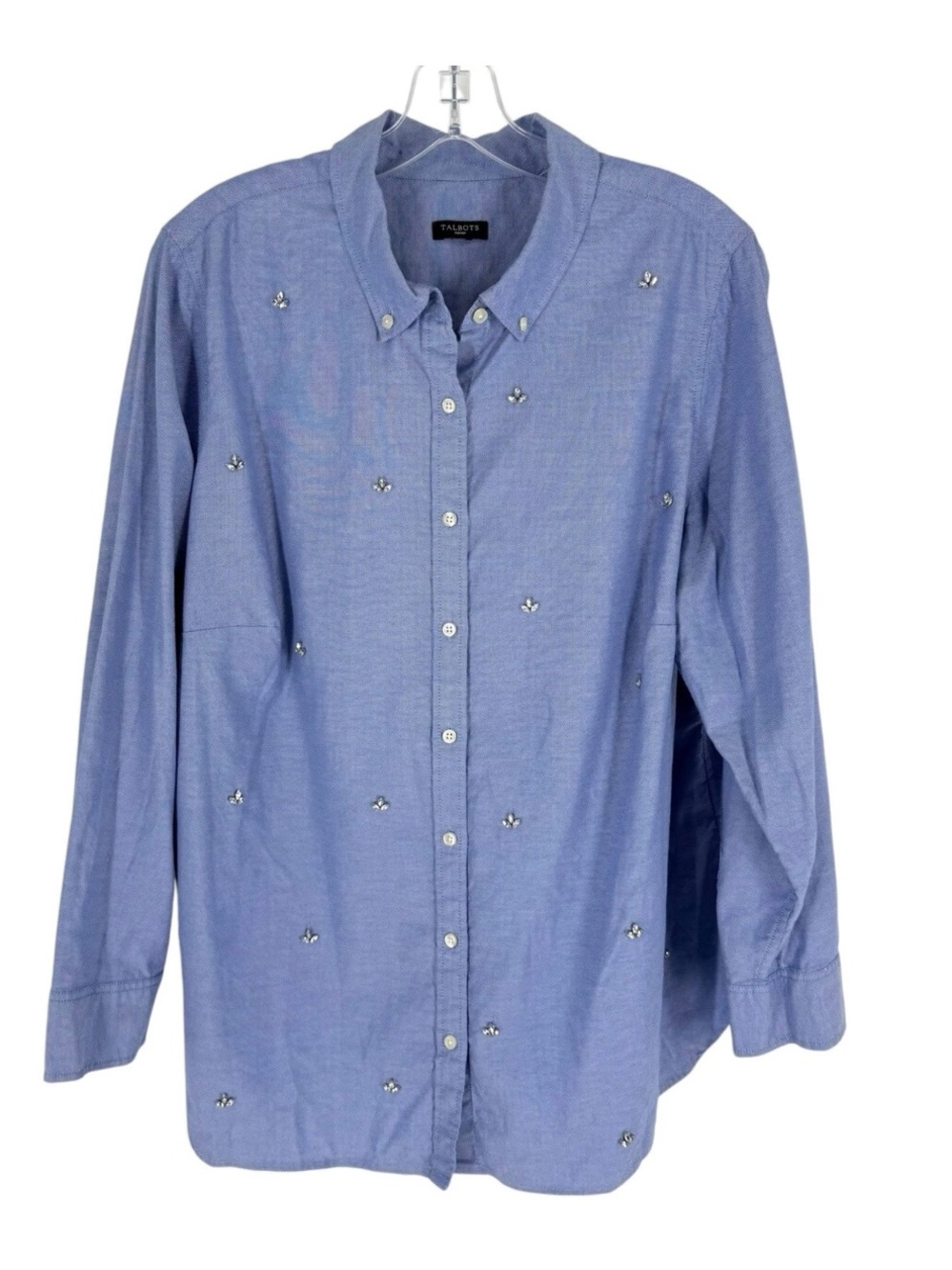 Talbots Beaded Blouse Womens Size 1X Blue Cotton Rhinestone Bling Shirt